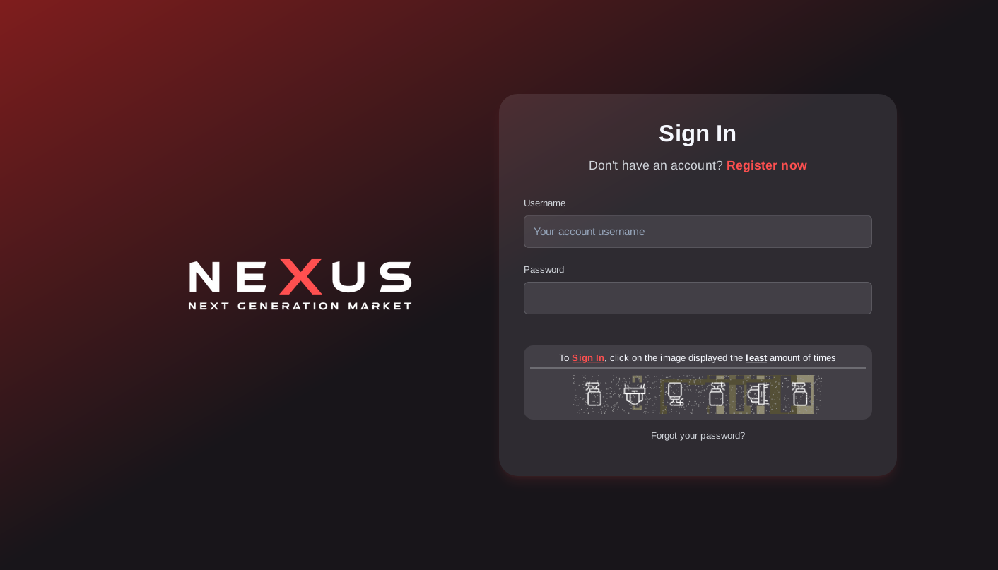 Nexus Market login screen with fingerprint captcha